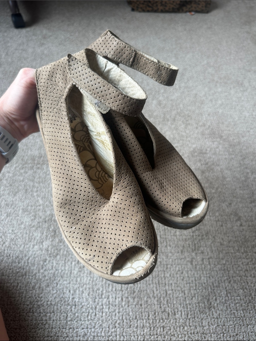 Fly London tan Yala Perforated Peep-Toe Wedge Sandals